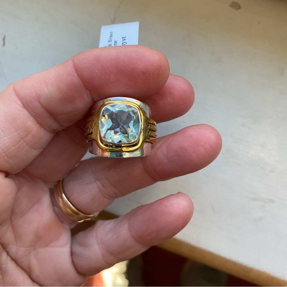 Green amethyst sterling silver and brass ring